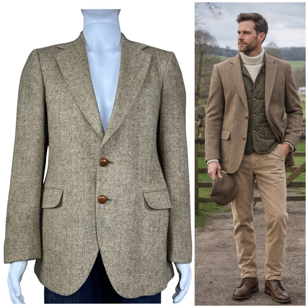 Harris Tweed Blazer 38L Herringbone 100% Wool Made In England Sport Coat Preppy